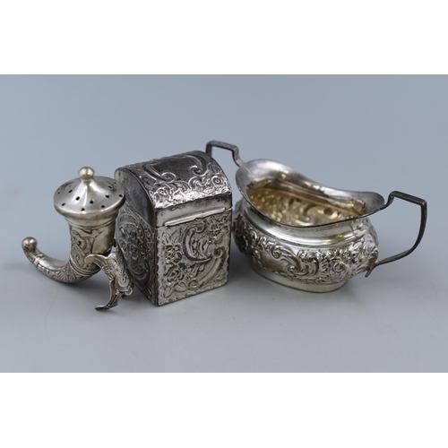 21 - Silver Hallmarked Matchstick Holder, Salt Shaker and condiment bowl (Tallest 2 1/2