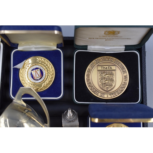 130 - Collection of Lancashire Football Association Award Medals in Display Boxes plus a Vintage Acme Thun... 