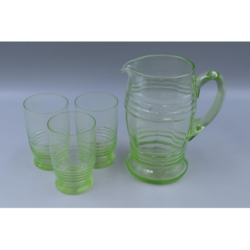 285 - An Art Deco Uranium Glass Jug, With Three Matching Uranium Glass Drinking Glasses. Jug is Approx 7.5... 