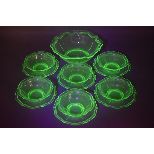 287 - A Thirteen Piece Vintage Uranium Glass Dessert Set To Include Large Serving Bowl, Set of Six Bowls, ... 