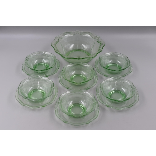 287 - A Thirteen Piece Vintage Uranium Glass Dessert Set To Include Large Serving Bowl, Set of Six Bowls, ... 