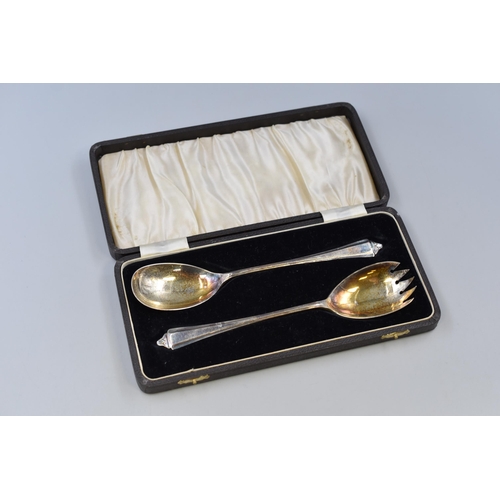 44 - Hallmarked Birmingham Silver Salad Serving Set Complete with Presentation Case