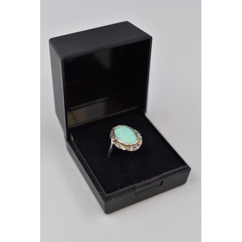 47 - Silver Marcasite and Green Amazonite Ring Complete with Presentation Box