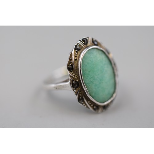 47 - Silver Marcasite and Green Amazonite Ring Complete with Presentation Box