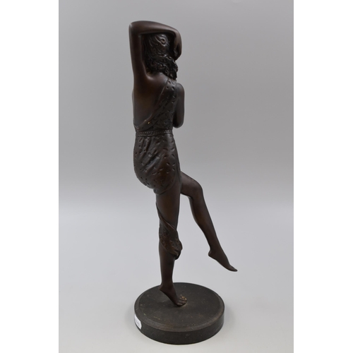 304 - Vintage Art Nouveau Semi Clad Dancing Lady Statue in Brass bwith Bronze Effect Standing on Marble Ba... 