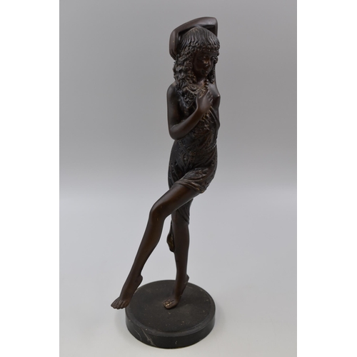 304 - Vintage Art Nouveau Semi Clad Dancing Lady Statue in Brass bwith Bronze Effect Standing on Marble Ba... 