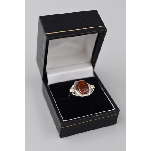 48 - Silver 925 Amber Stoned Ring Complete in Presentation Box (Size Q)