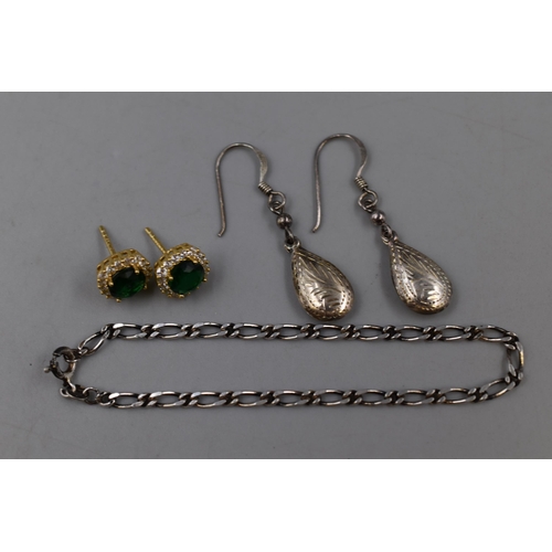 53 - Two Pairs of 925. Silver Earrings (Green Stoned and Other), With 925. Silver Bracelet Chain