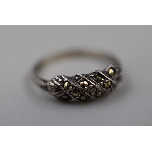 55 - A Hallmarked Birmingham Silver Marcasite Stoned Ring, Circa 1975. Size K