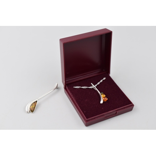 56 - Silver 925 Amber Stoned Pendant Necklace & Brooch Complete in Presentation Box