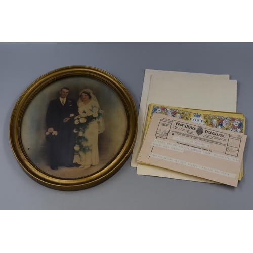 463 - Large Selection of 1930s Post Office Telegrams and a Framed Photograph of 1930s Married Couple