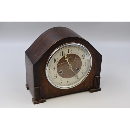 326 - Bentimo Art Deco Oak cased Striking Mantle Clock Complete with Key and Pendulum