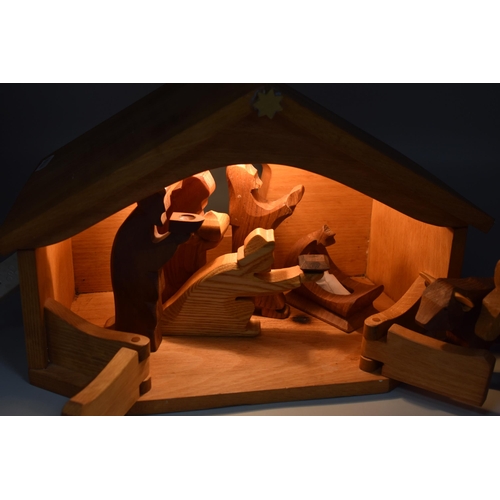 328 - Hand Made Wooden Nativity Set to include Barn, and Figures made by Woodpecker Toys of Devon complete... 