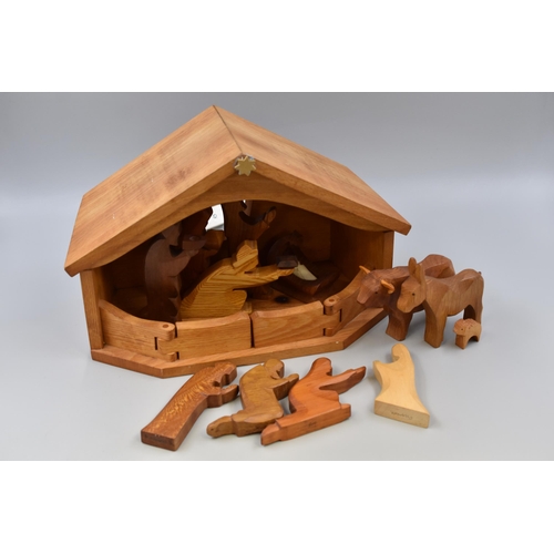 328 - Hand Made Wooden Nativity Set to include Barn, and Figures made by Woodpecker Toys of Devon complete... 