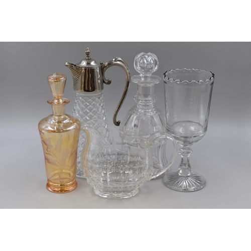 224 - Five Pieces of Quality Glassware including Celery Vase, Jug, Decanters and Claret Jug (Tallest 12