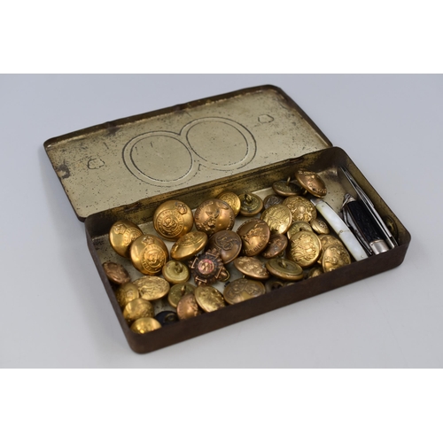 233 - George V Silver Jubilee Tin Containing a Selection of Military Buttons and a Brass and Wood Cannon (... 