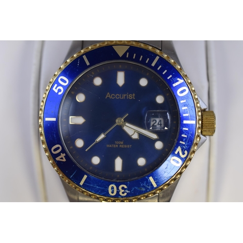 87 - An Accurist Gold and Silver Tone Divers Quartz Watch With Blue Dial and Presentation Box. Working