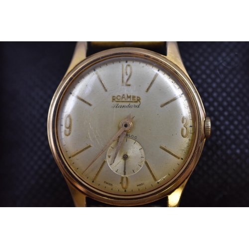 89 - A Roamer Standard 15 Jewel Gold Plated Mechanical Gents Watch, In Presentation Box. Working