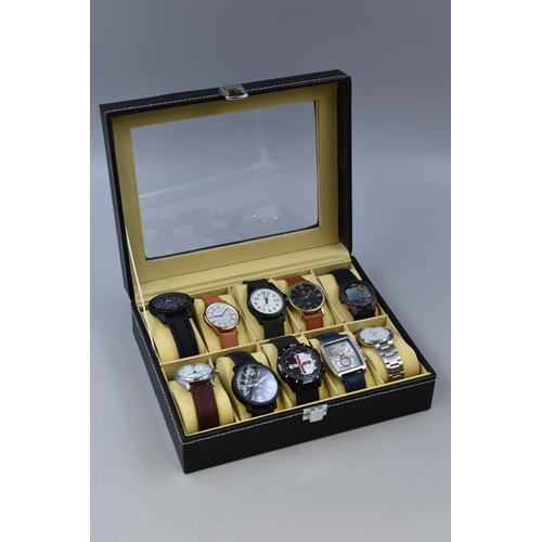 98 - A Ten Watch Black Faux Leather Presentation Box With Ten Gents Quartz Watches (Working). Includes Se... 