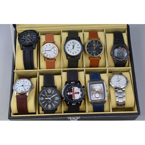 98 - A Ten Watch Black Faux Leather Presentation Box With Ten Gents Quartz Watches (Working). Includes Se... 