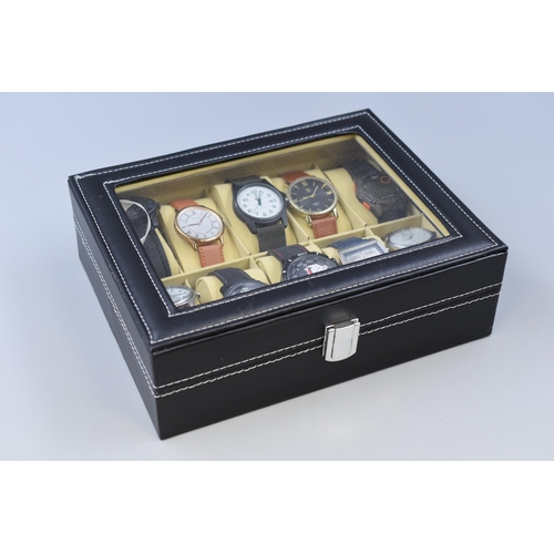 98 - A Ten Watch Black Faux Leather Presentation Box With Ten Gents Quartz Watches (Working). Includes Se... 