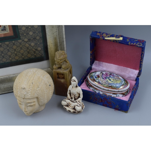 250 - Selection of Oriental Ornaments and a Hand Stitched Tapestry with Waxed Seal Depicting a Buddha