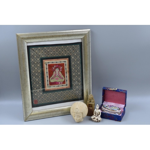 250 - Selection of Oriental Ornaments and a Hand Stitched Tapestry with Waxed Seal Depicting a Buddha