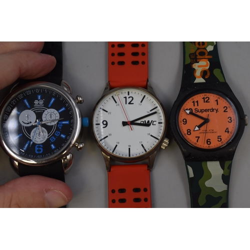 110 - Three Gent's Rubberised Strap Designer Quartz Watches To Include Crosshatch, Superdry, And DWC. Work... 