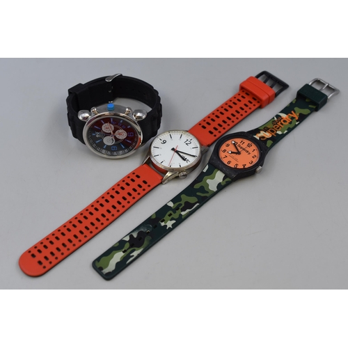 110 - Three Gent's Rubberised Strap Designer Quartz Watches To Include Crosshatch, Superdry, And DWC. Work... 