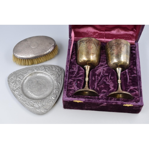 263 - Mixed Lot to include a Art Deco Pewter Pin Dish, Marked Silver Covered Clothes Brush and a Pair of C... 