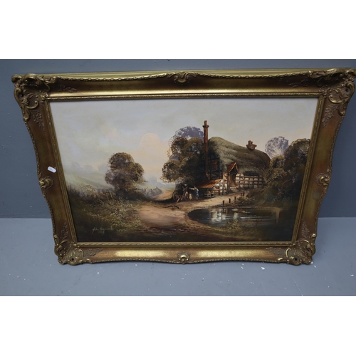 370 - A Large Gilt Framed Original John Horsewell Oil on Canvas Depicting Cottage Scene, Approx 25