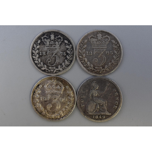 136 - Four UK Silver Coins To Include 1849 Groat and Three Silver Threepences (1875, 1885, 1900)