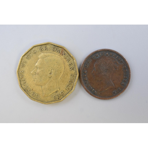 141 - A 1949 Brass Threepence (Scarce Date), And An 1844 Half Farthing