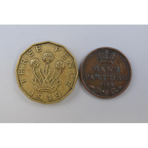 141 - A 1949 Brass Threepence (Scarce Date), And An 1844 Half Farthing