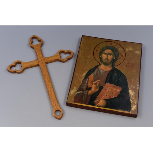 376 - Copy of Byzantine Icon Made in Greece A.D. Hanging Picture and Decorative Cross (Tallest 11 1/2