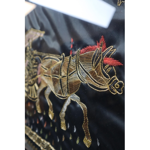 378 - A Framed and Glazed Oriental Embroidered Silk Artpiece Depicting Horse Drawn Carriage and Flute Play... 