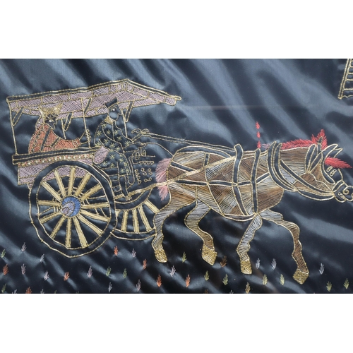 378 - A Framed and Glazed Oriental Embroidered Silk Artpiece Depicting Horse Drawn Carriage and Flute Play... 