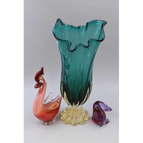 381 - Three Pieces of Glassware To Include Blue Glass Handkerchief Vase, And Two Bird Themed Paperweights.... 