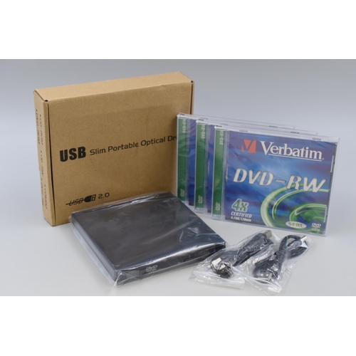 396 - USB slim portable optical 2.0 drive CD-ROM, CD-RW, COMBO, DVD-RW, DVD-ROM with 3x new sealed DVD-RW ... 