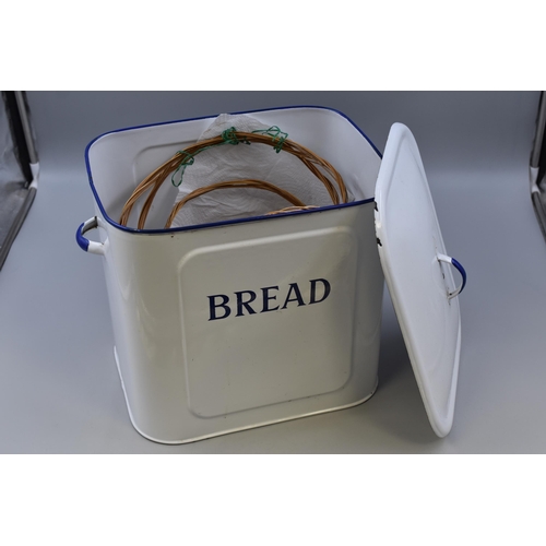 417 - A Vintage Enamelled Metal Bread Bin With Two Wicker Baskets. Bread Bin is Approx 13