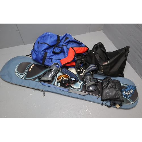 422 - A Swins Factory Snowboard In Bag, With Various Snowsports Accessories