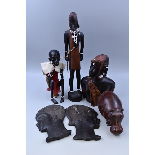 441 - Selection of Wooden Tribal Figurines and a Hippo