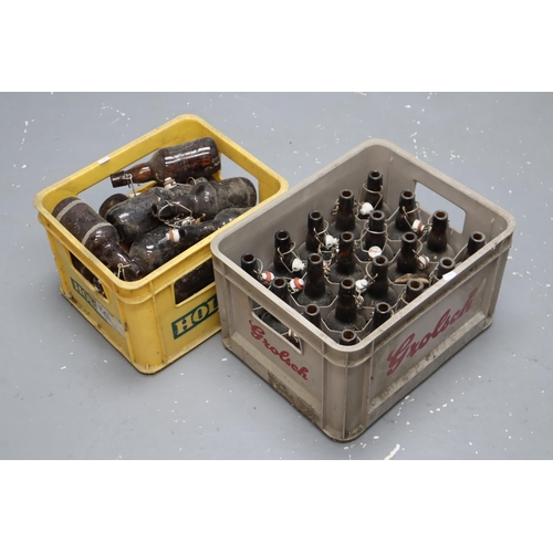 757 - Forty-Five Vintage Brown Glass Grolsch Beer Bottles With Caps, And Four Bottle Crates (Grolsch, Hols... 