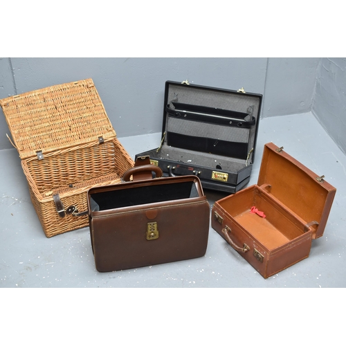 738 - A Number Combination Business Briefcase, Wicker Basket, And Two Other Leather Bound Cases