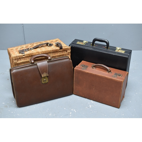 738 - A Number Combination Business Briefcase, Wicker Basket, And Two Other Leather Bound Cases