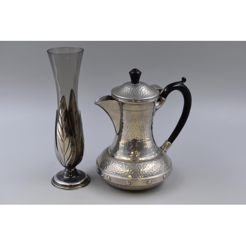 221 - Hand Beaten Pewter Coffee Pot and a Silver Plated Smoked Glass Bud Vase (9