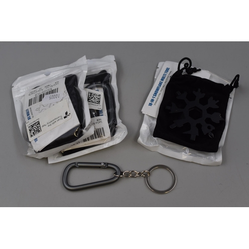 401 - Three Snowflake Multi Tools Key Rings Complete in Storage Bag