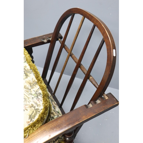 548 - Antique Adjustable Spindle Backed Arm Chair, With Three Cushions Depicting Horseback Scene. Approx 3... 