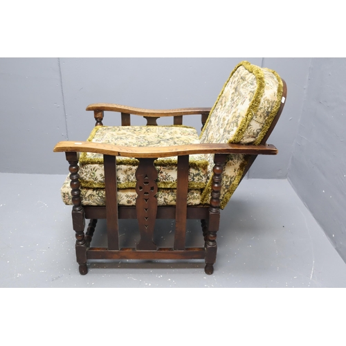 548 - Antique Adjustable Spindle Backed Arm Chair, With Three Cushions Depicting Horseback Scene. Approx 3... 