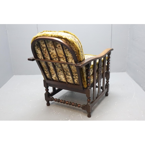 548 - Antique Adjustable Spindle Backed Arm Chair, With Three Cushions Depicting Horseback Scene. Approx 3... 